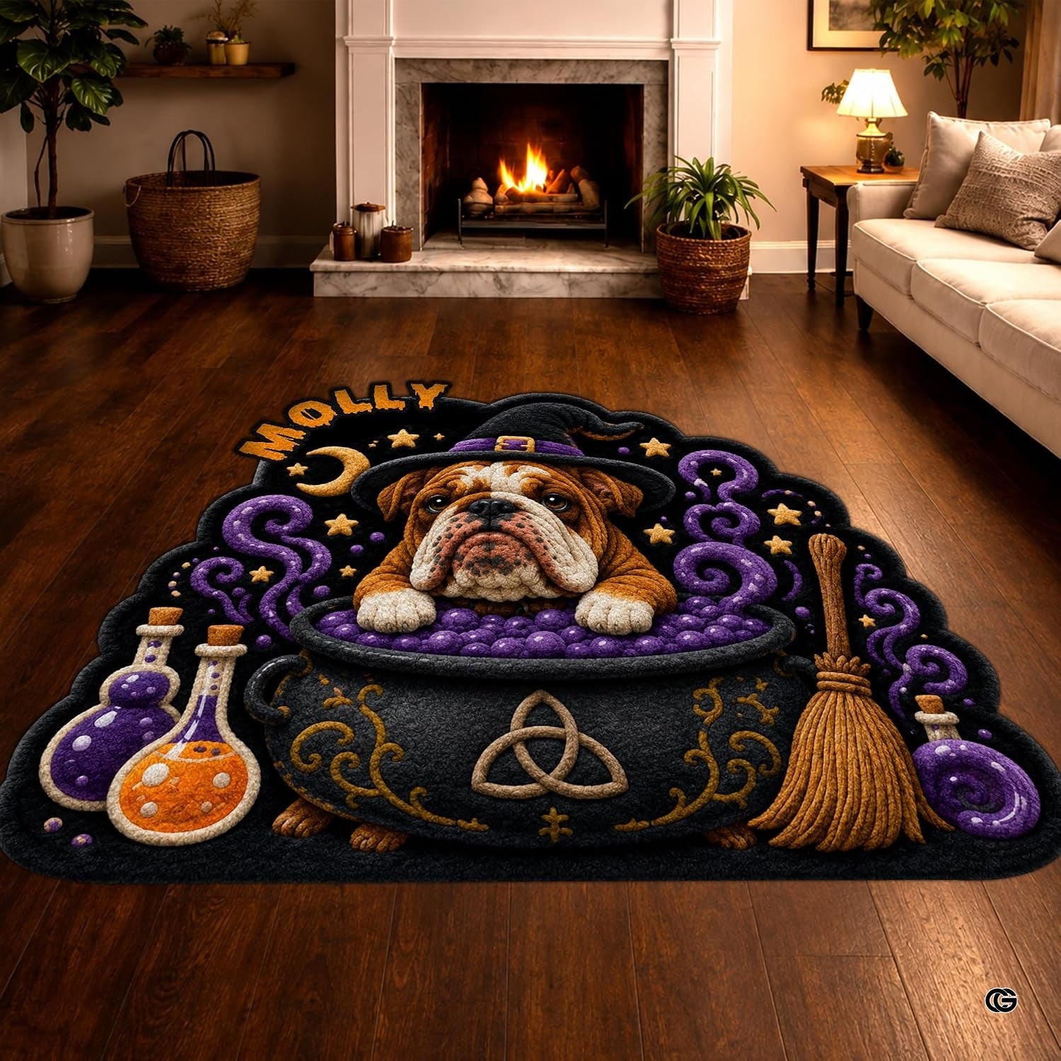 Custom Dog Photo Rug, Personalized Pet Portrait Area Mat Non Slip Indoor Door Rug for Dog Lovers, Welcome Home Decor Halloween (Witch Cauldron)