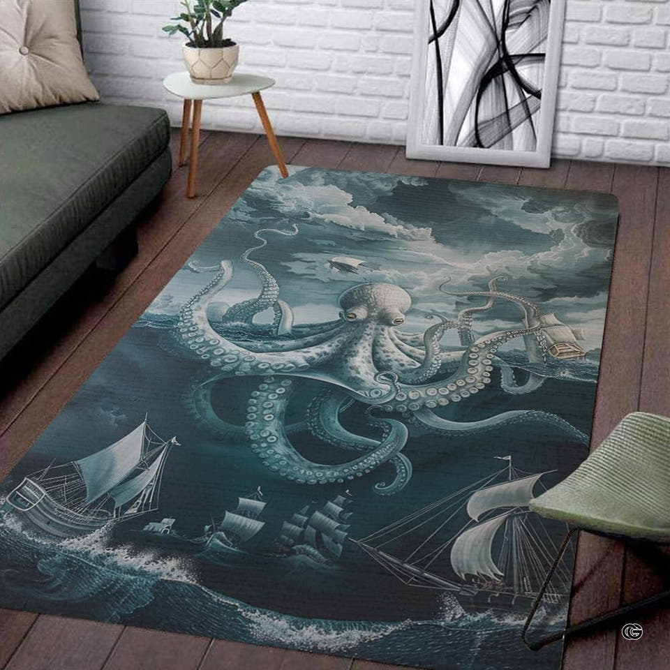 Vintage nautical kraken area rug with giant octopus and tall sailing ships in deep teal and slate blue