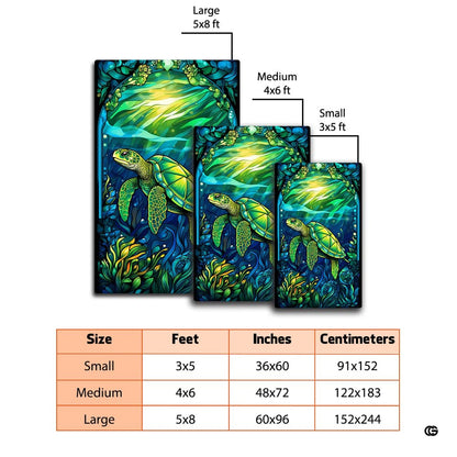Mockup display of the mosaic sea turtle rug placed on light flooring near a contemporary sofa - thumbnail image 2 of 7