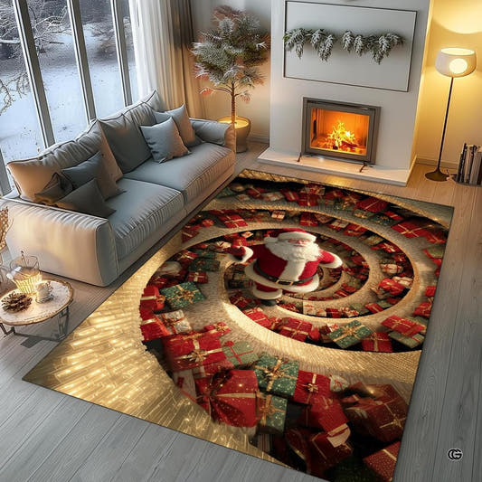 Santa Claus gift box spiral vortex rectangular area rug in top overhead perspective
