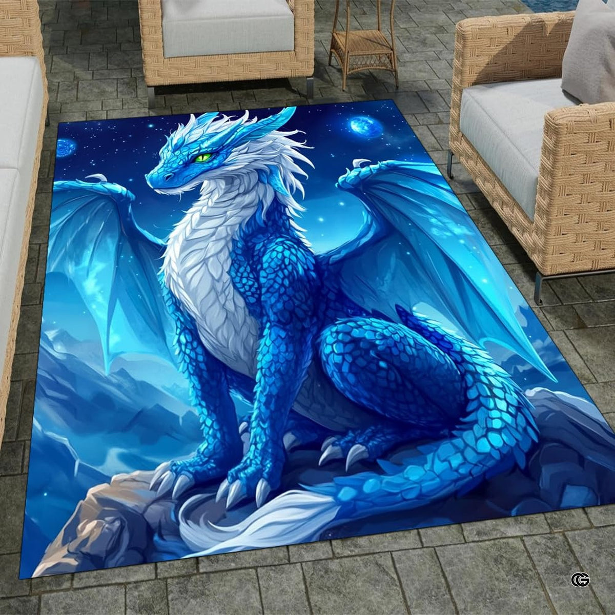 Celestial ice dragon area rug featuring azure scales perched on a cliff under starry skies. - image 1 of 8