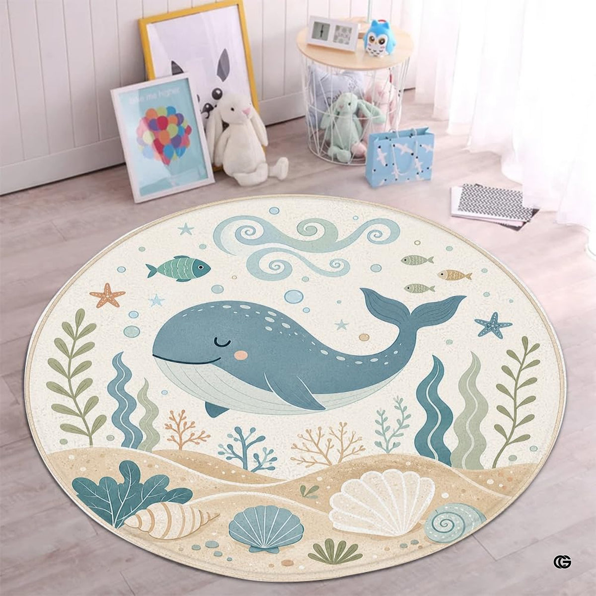 Round ocean area rug centered on light wood floor in nursery room beside toy basket