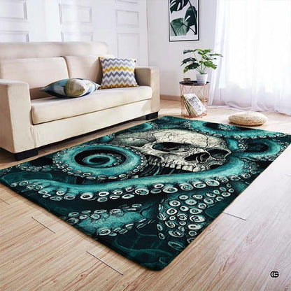 Gothic skull kraken octopus living room area rug styled in modern patio lounge setting - thumbnail image 5 of 7