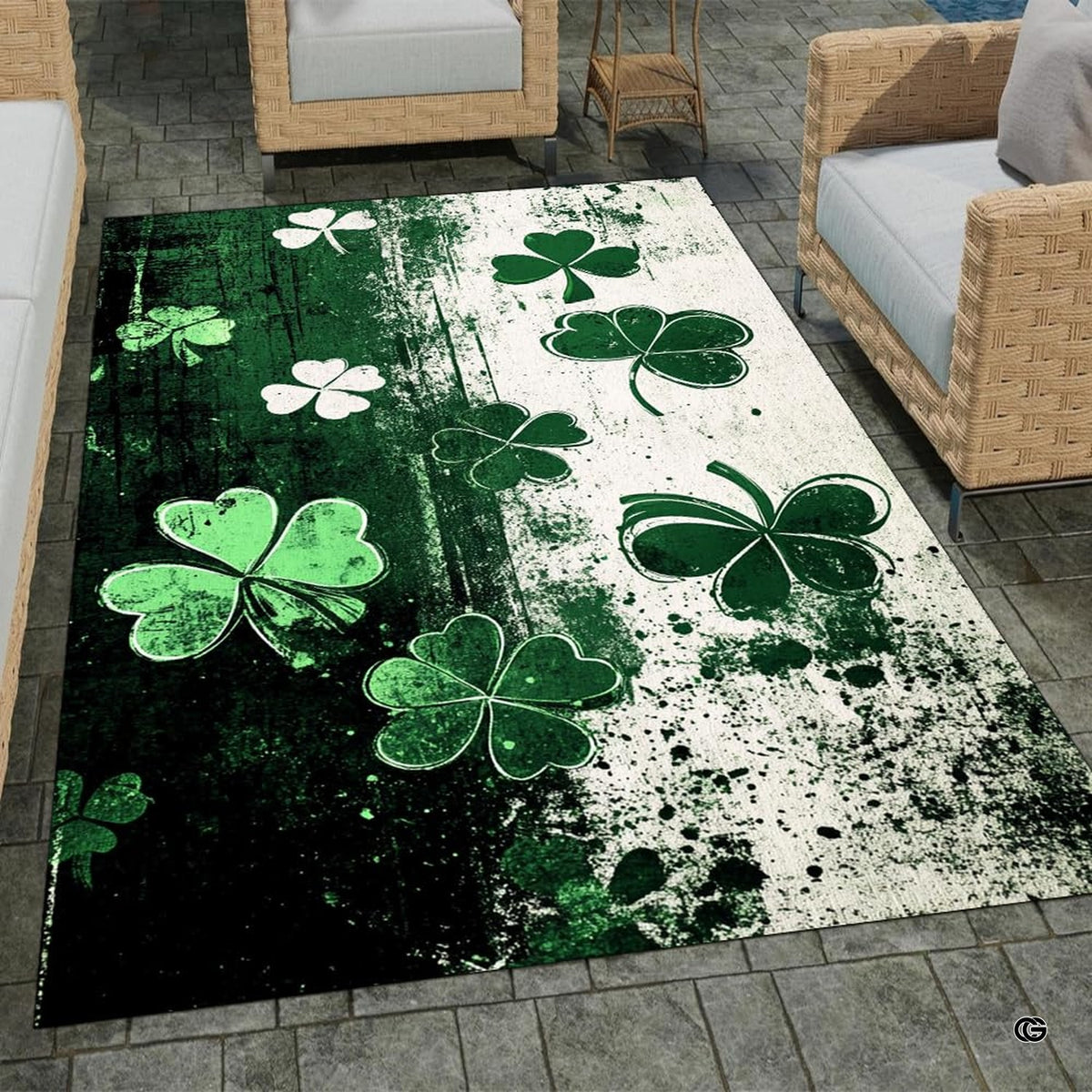 Close shot of shamrock area rug highlighting weathered textures, mint leaves, and white silhouette foliage.