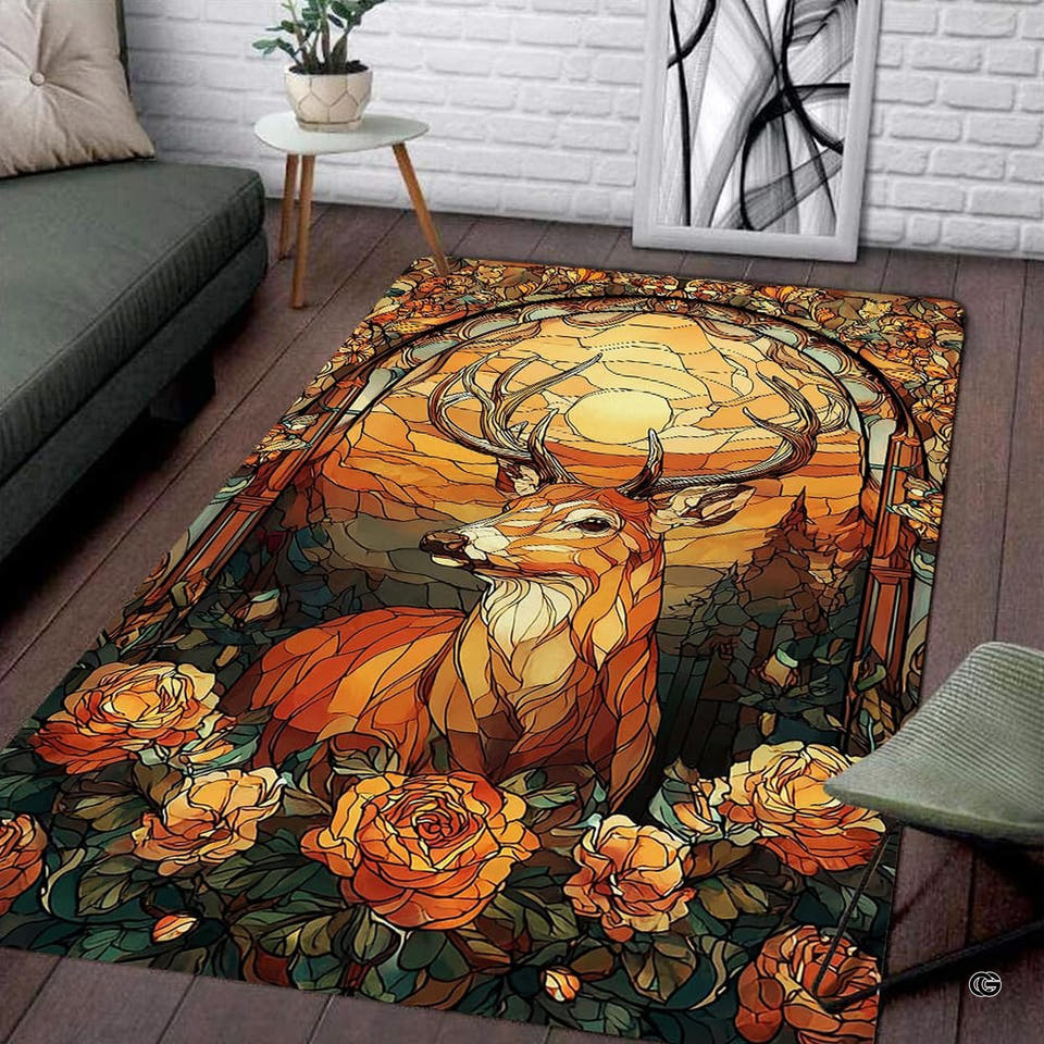Living room corner with gray sofa and side table displaying the rectangular stained glass deer area rug on wood floors.