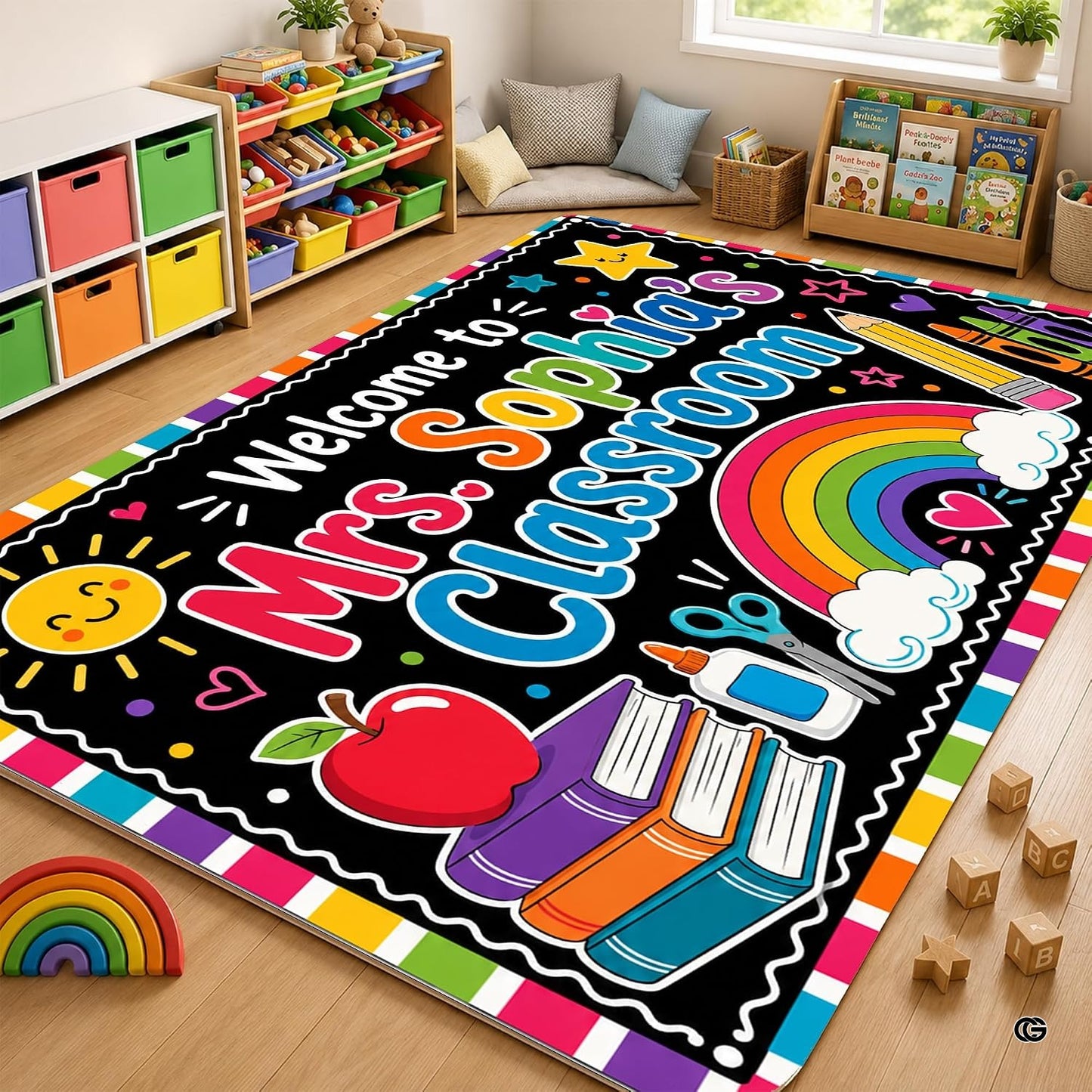 Personalized Teacher Classroom Rug, Custom Back to School Welcome Mat with Name, Kindergarten Preschool Elementary Decor, Composition Notebook Carpet (A09)