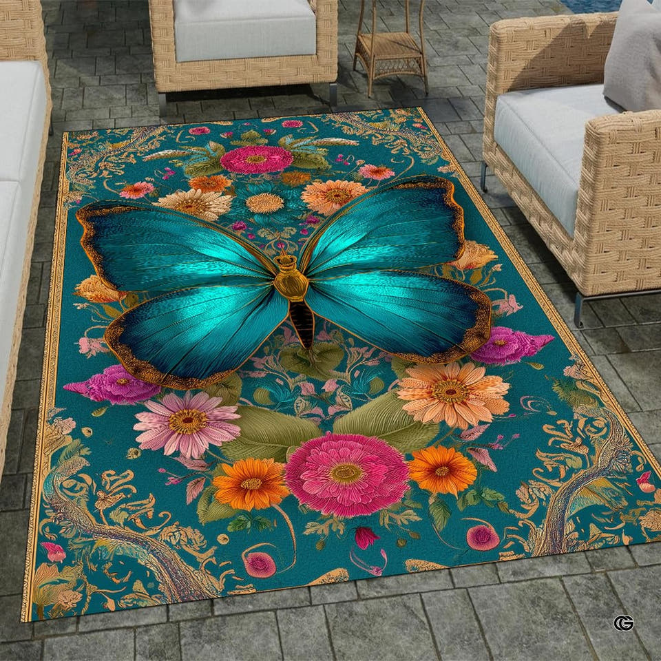 Teal floral area rug featuring a vibrant turquoise and golden-yellow butterfly with ornate blossoms.