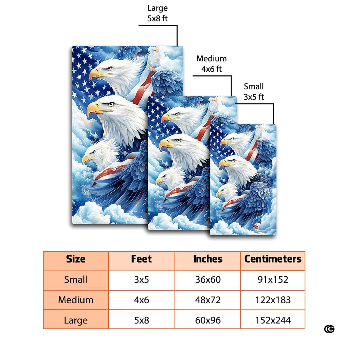 Dimensions and sizing chart for patriotic bald eagle trio area rug