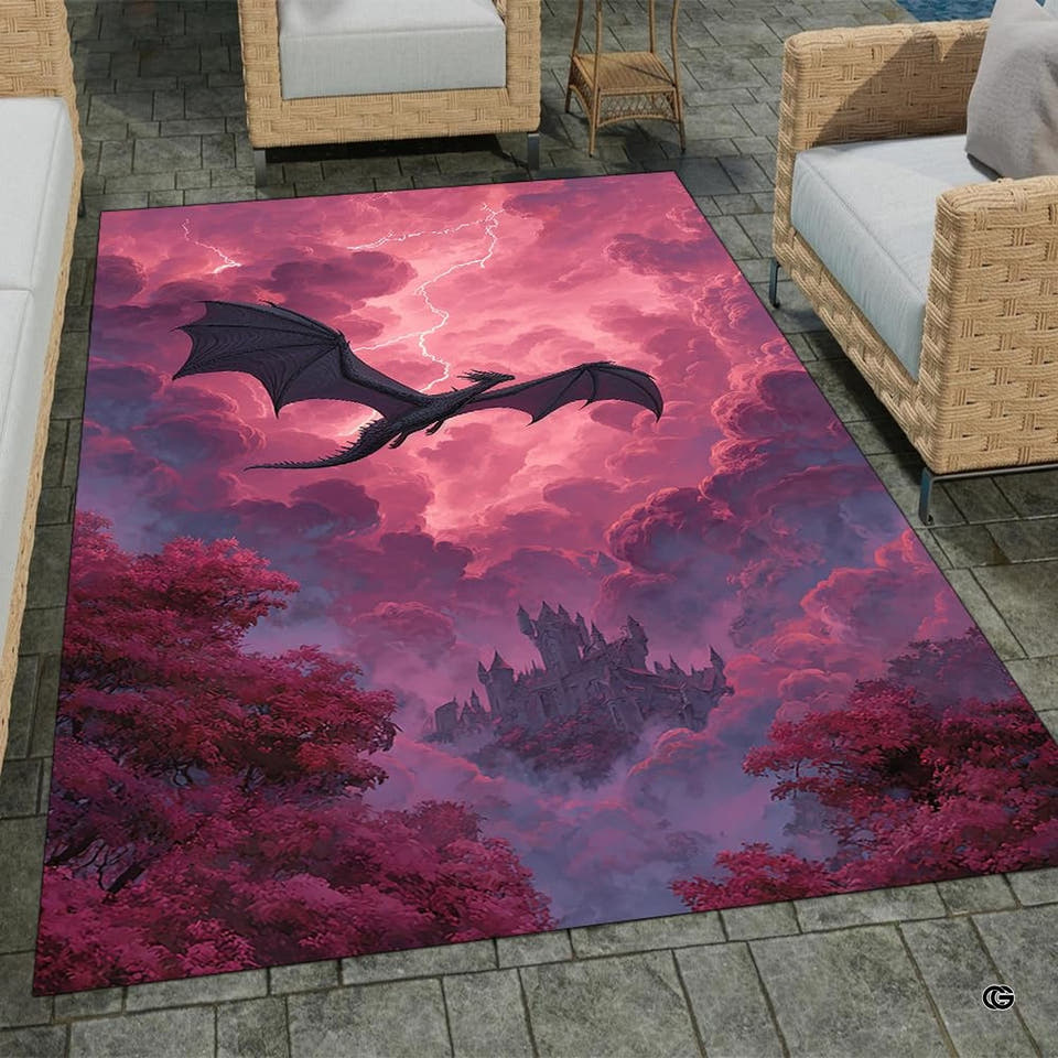 Pink storm dragon rug with long black silhouette and castle