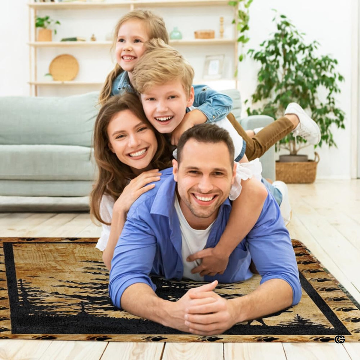 Lifestyle scene featuring family lounging on deer hunting area rug.