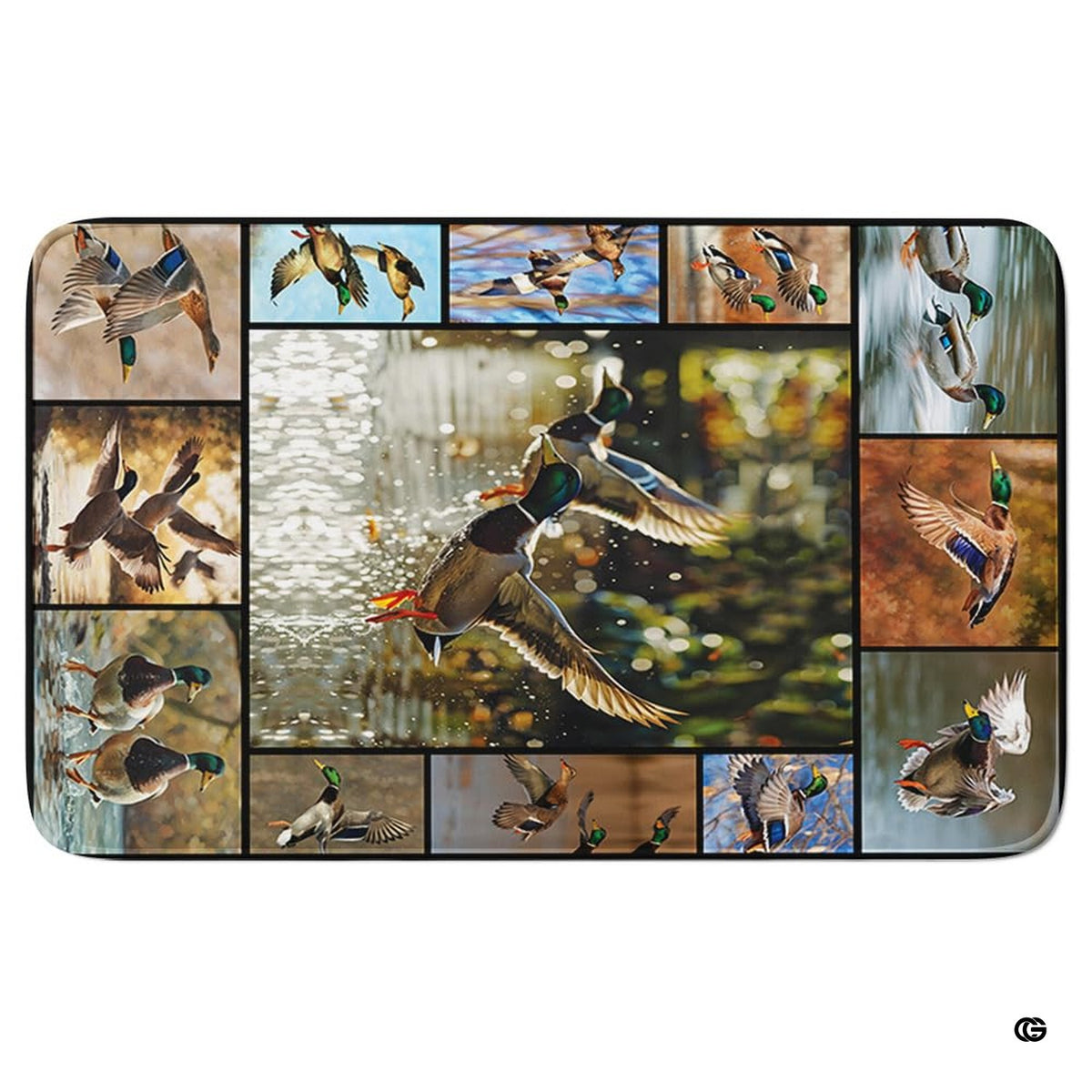 Overhead flat view of rectangular mallard drake in flight wildlife area rug