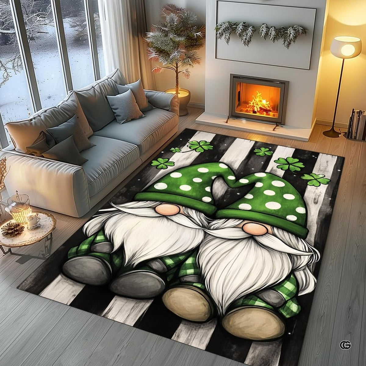 Cozy modern living room arrangement styling the Irish shamrock gnomes area rug