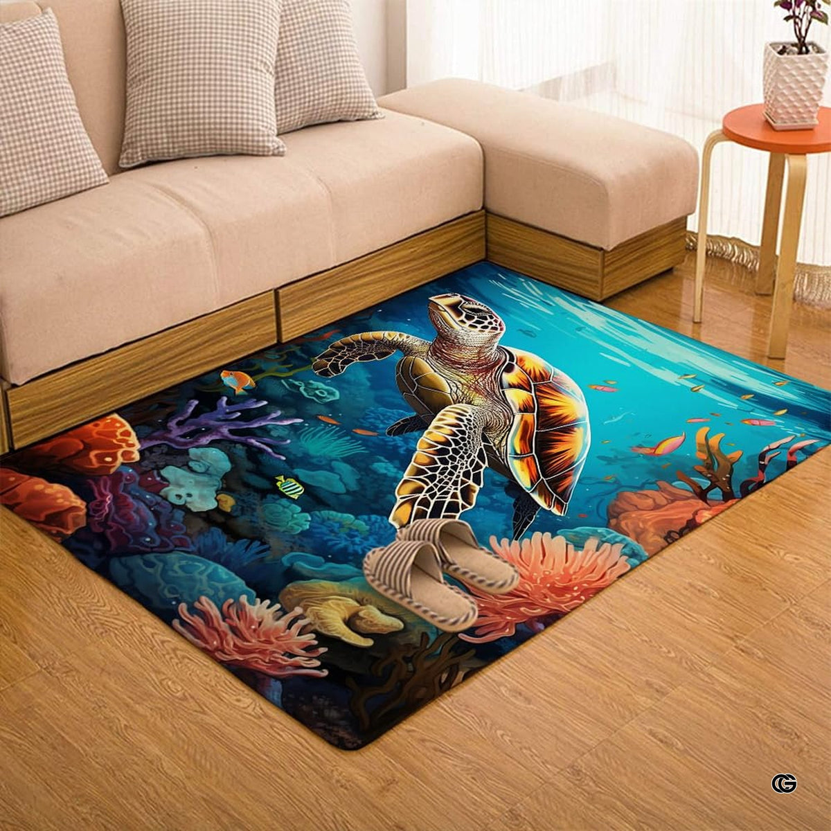 Overhead layout view of the rectangular sunlit coral reef sea turtle coastal area rug - image 7 of 7