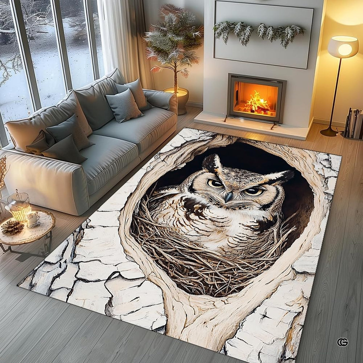 Cozy owl nest wildlife floor rug placed in comfortable bedroom setting - image 7 of 8