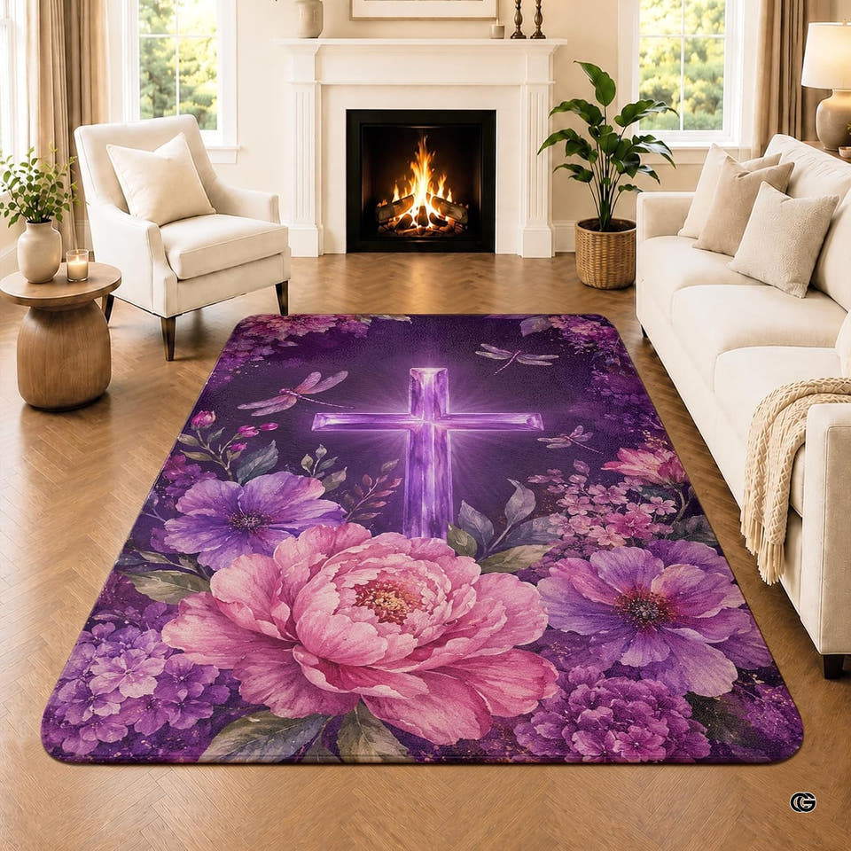Purple botanical area rug with glowing cross and pink peonies on wood floor