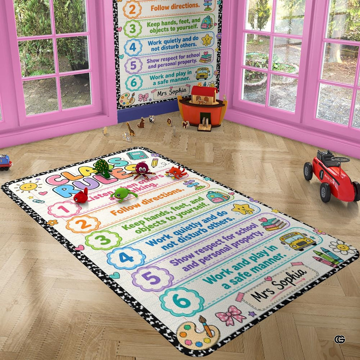 Class rules area rug styled on hardwood flooring in school classroom. - image 4 of 7