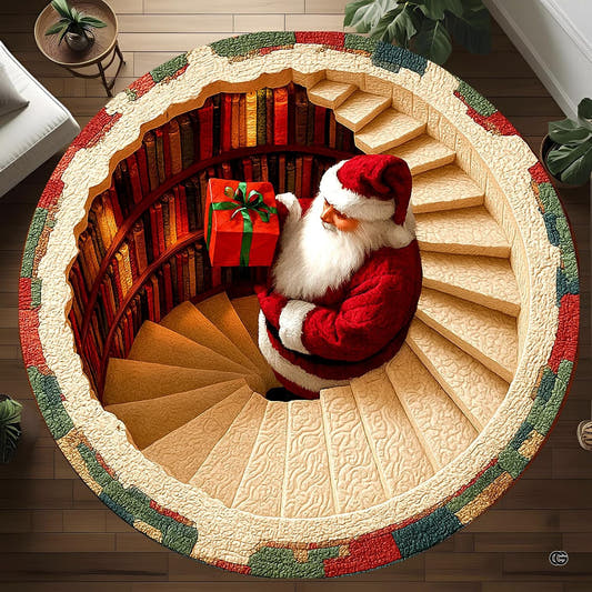 Santa spiral bookshelf cavern staircase circular area rug in top overhead view