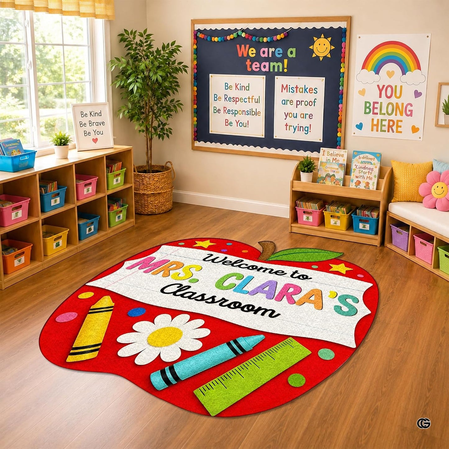Personalized Composition Notebook Classroom Shaped Rugs for Kids (A03) | Custom Pennant Flag Carpet for Reading Corner, Non-Slip Apple Shape Rug Mat, Classroom Decor, Back To School Gift