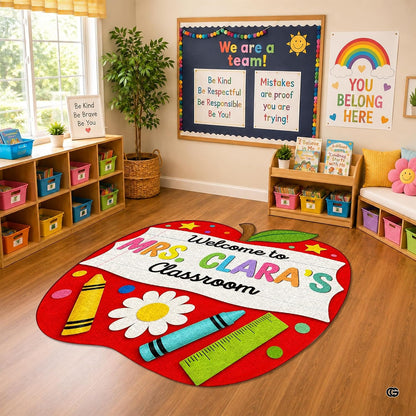 Personalized Composition Notebook Classroom Shaped Rugs for Kids (A03) | Custom Pennant Flag Carpet for Reading Corner, Non-Slip Apple Shape Rug Mat, Classroom Decor, Back To School Gift