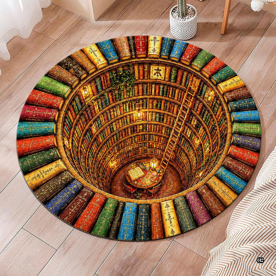 Round optical illusion area rug with circular bookshelf art on wood floor