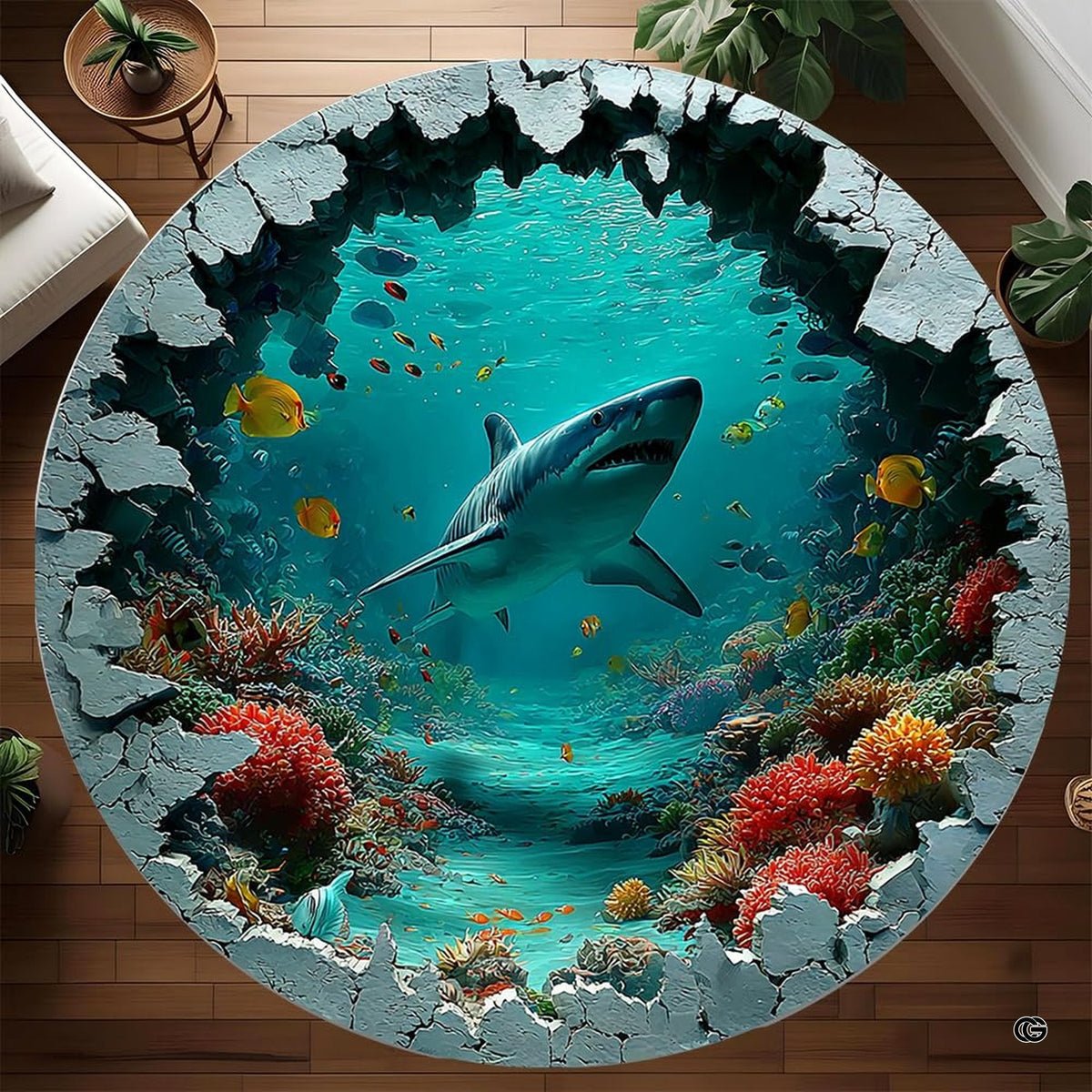 Great white shark coral reef area rug displaying a swimming shark surrounded by colorful coral reefs.
