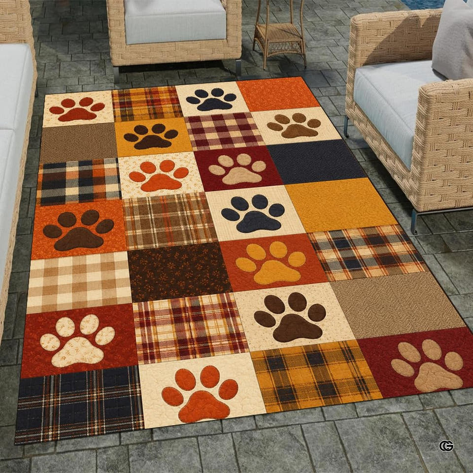 Autumn harvest plaid paw print patchwork area rug - view 1
