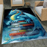 Majestic azure cyan blue dragon with golden horns resting on a tall stack of vintage leather-bound books area rug.