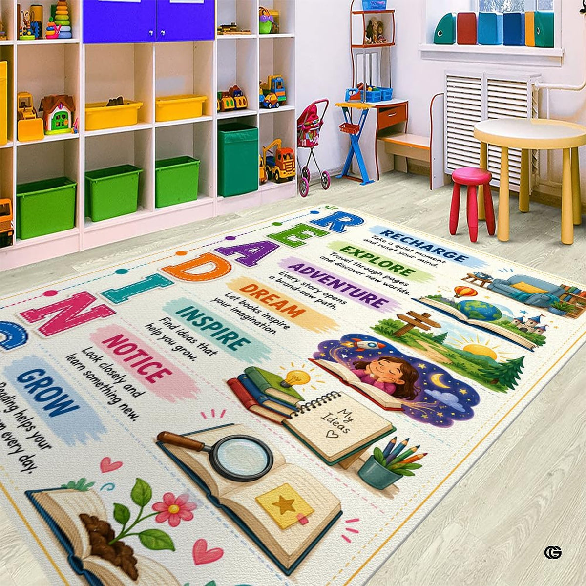 Close-up of pastel storybook vignettes featuring decorative accent armchair and nature trail on decorative floor rug. - image 3 of 7