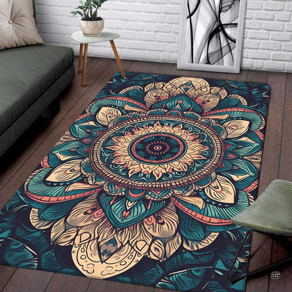Rectangular floor area rug featuring teal and cream tribal sunflower mandala on dark floor
