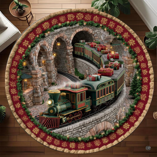 Vintage holiday train stone arch tunnel circular area rug in top overhead view