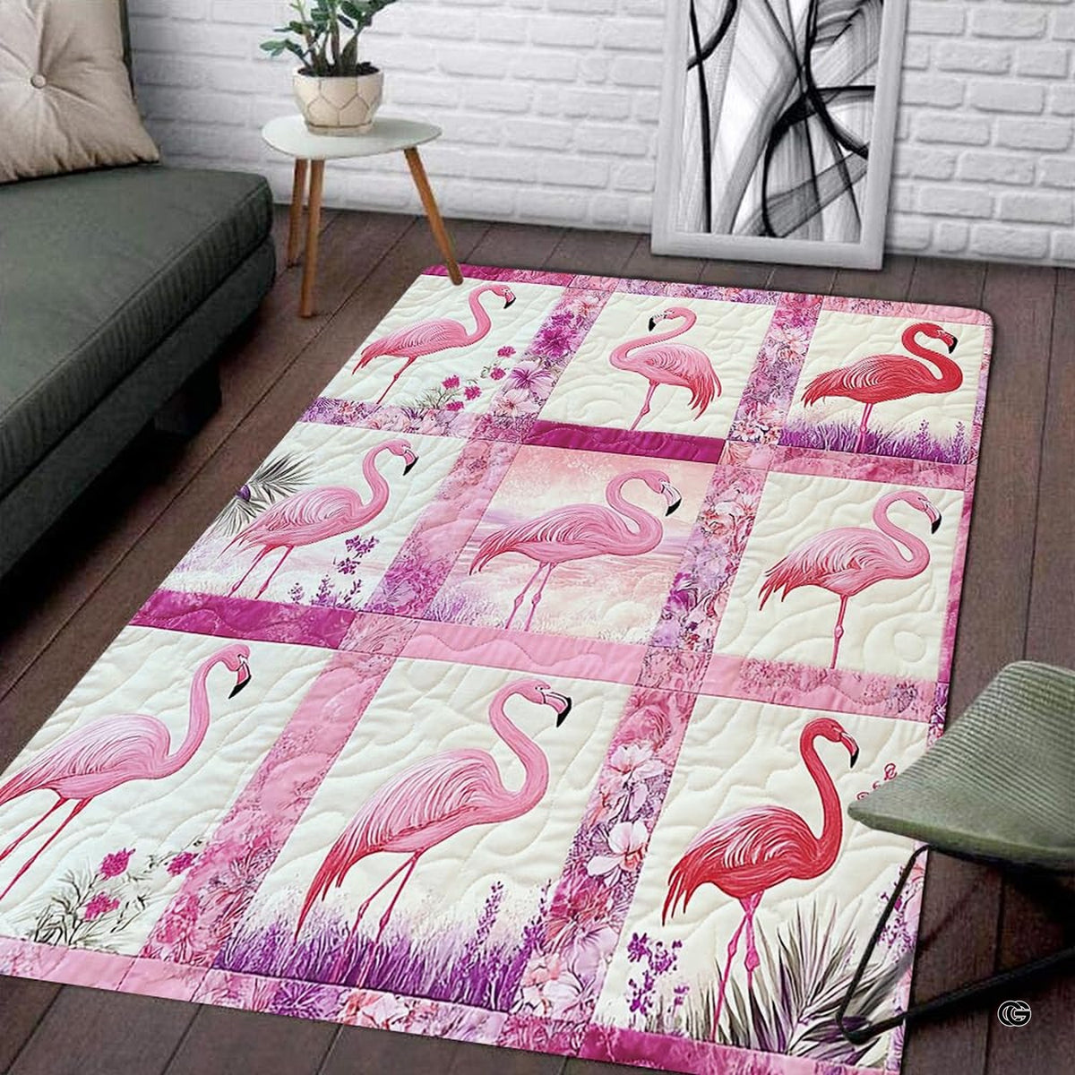 Pink flamingo patchwork quilt area rug displayed across modern wood floorboards. - image 1 of 7