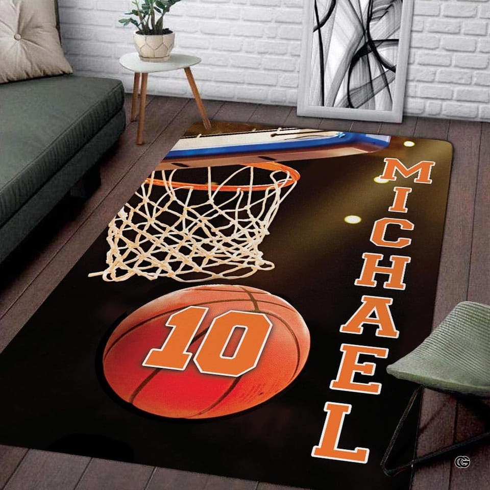 Custom basketball spotlight hoop living room area rug with basketball and vertical athletic personalization banner