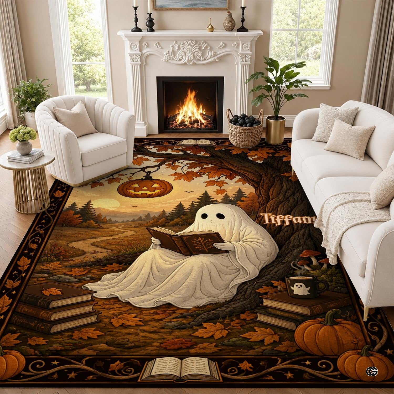 Personalized Witch Area Rug with Name - Custom Halloween Rug, Black Cat & Raven Floor Carpet, Spooky Gothic Home Decor, Non Slip Rugs (Style 11)