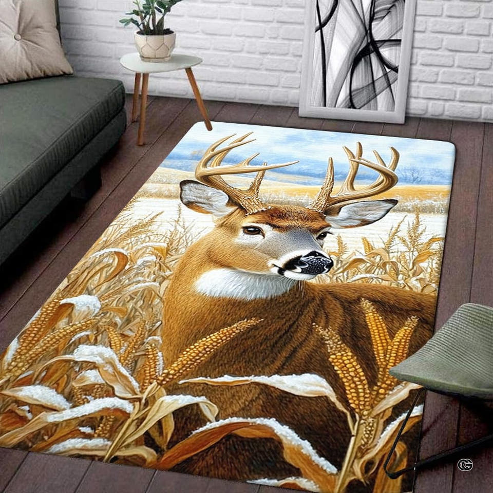 Whitetail deer area rug showing a buck nestled among ripe corn stalks in a snowy field.