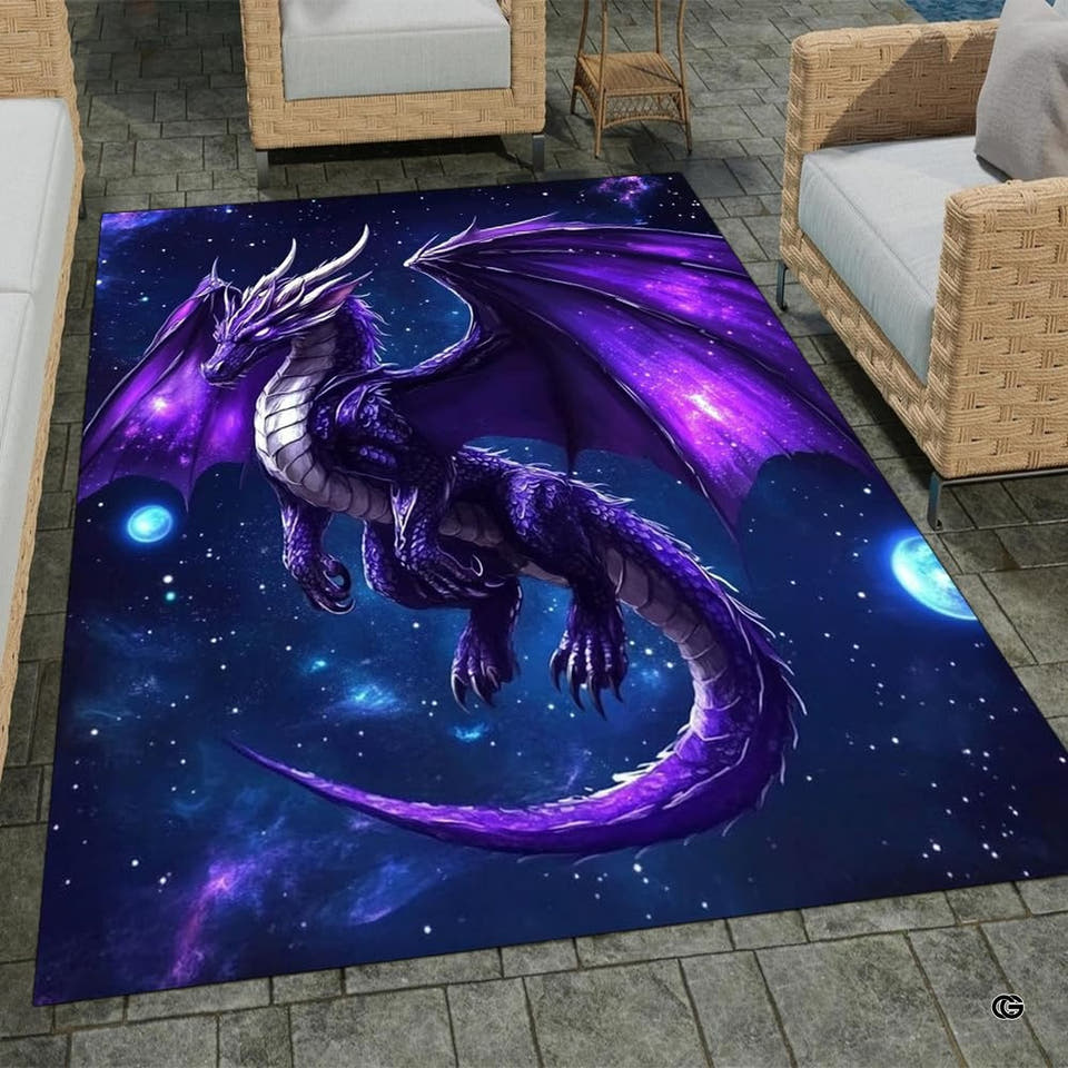 Cosmic purple dragon area rug featuring a winged beast soaring among violet nebulae and glowing stars.