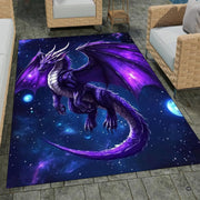 Cosmic purple dragon area rug featuring a winged beast soaring among violet nebulae and glowing stars. - thumbnail image 1 of 8
