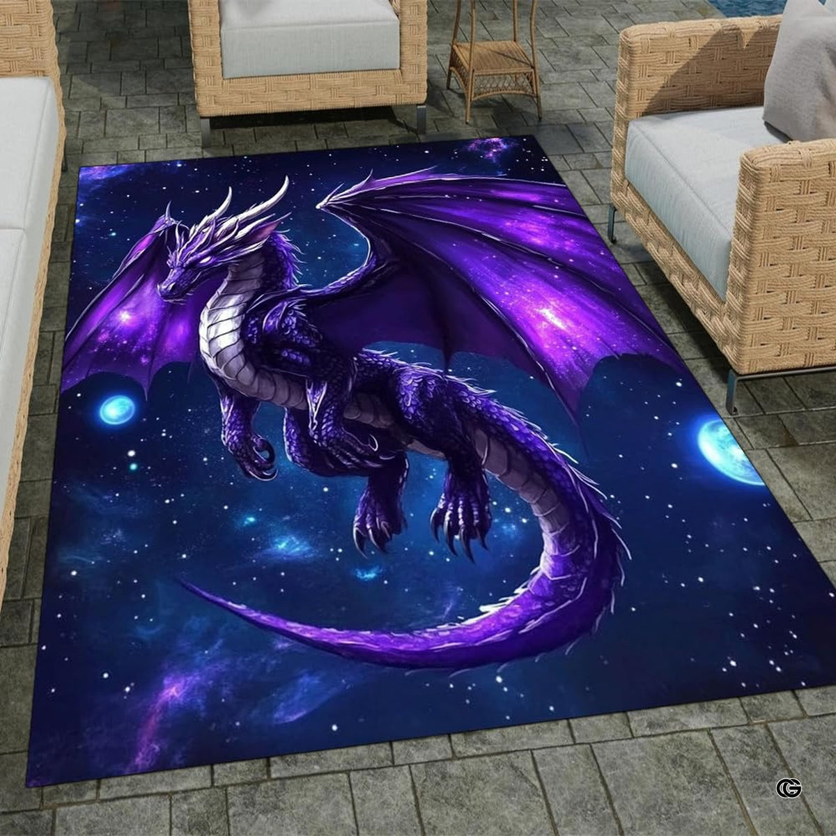 Cosmic purple dragon area rug featuring a winged beast soaring among violet nebulae and glowing stars. - image 1 of 8