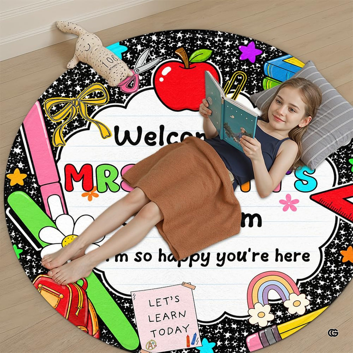 Chalkboard themed floor rug styled beneath modern furniture in a bright creative study space. - image 5 of 8