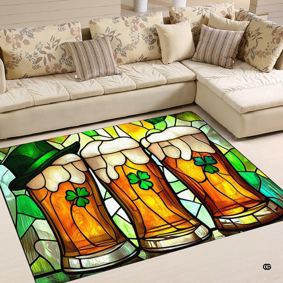 Stained glass Irish beer glasses living room area rug with amber pints and shamrocks