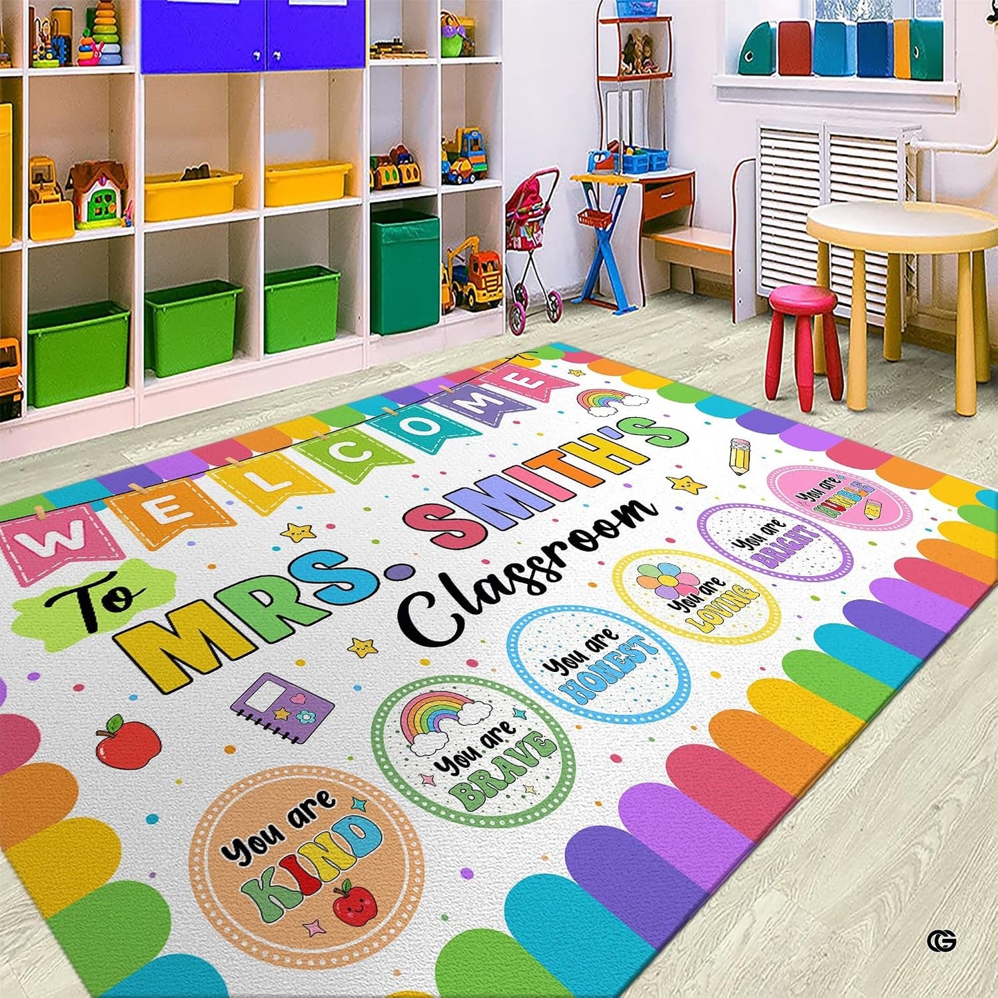 Personalized Teacher Classroom Rug, Custom Back to School Welcome Mat with Name, Kindergarten Preschool Elementary Decor, Composition Notebook Carpet (A03)