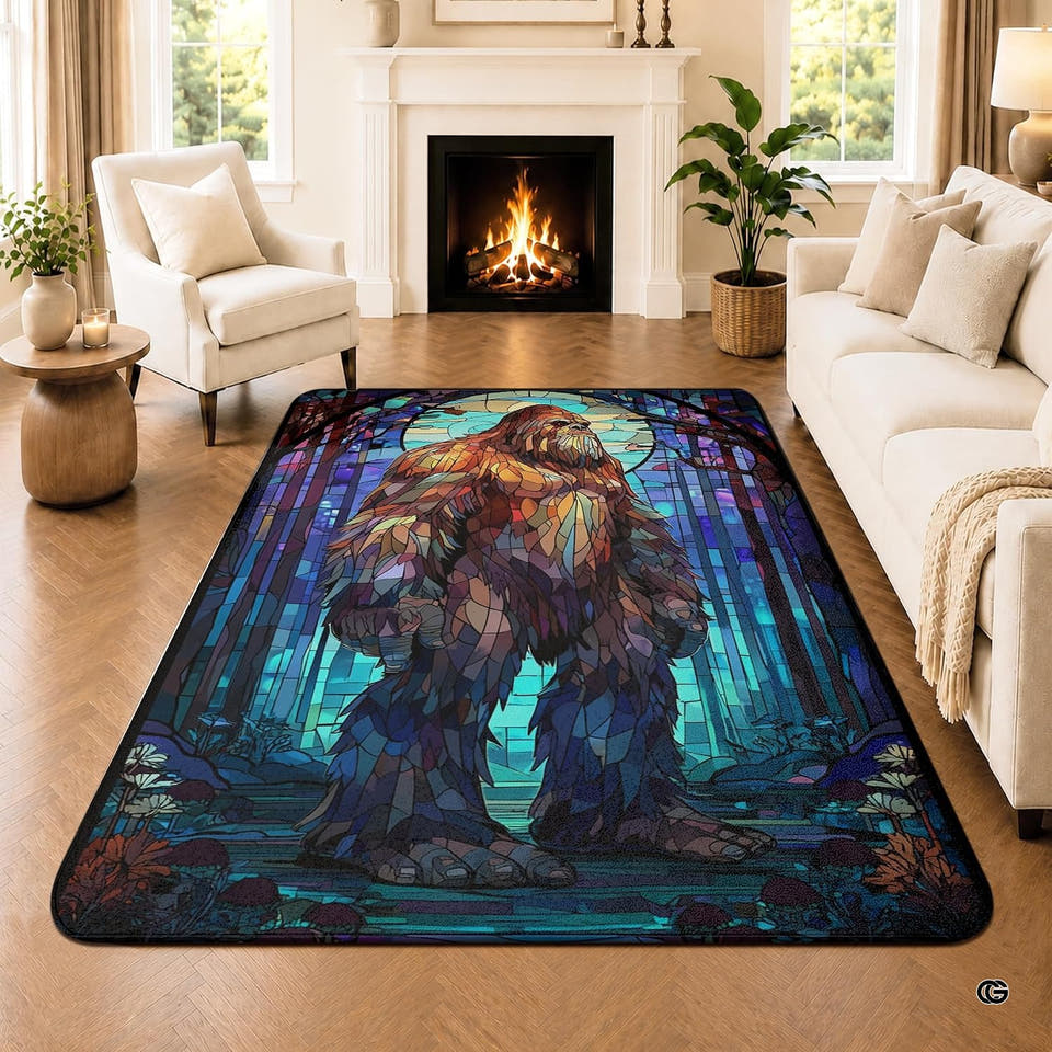 Personalized Bigfoot Area Rug Sasquatch Rug Unique Outdoor Adventure for Home Décor Living Room Bedroom (Bigfoot Stained Glass)