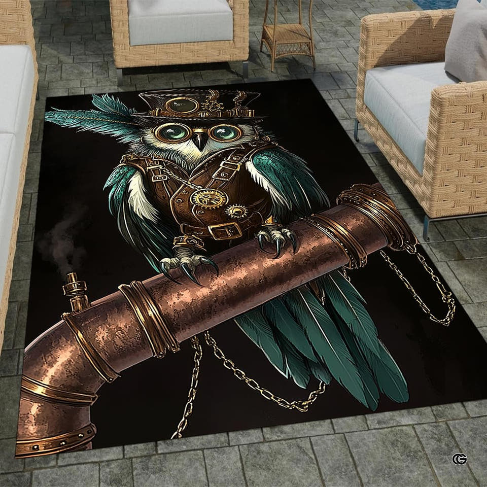 Steampunk area rug featuring clockwork owl in top hat with gears and goggles on copper pipe.