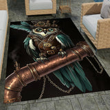 Steampunk area rug featuring clockwork owl in top hat with gears and goggles on copper pipe.