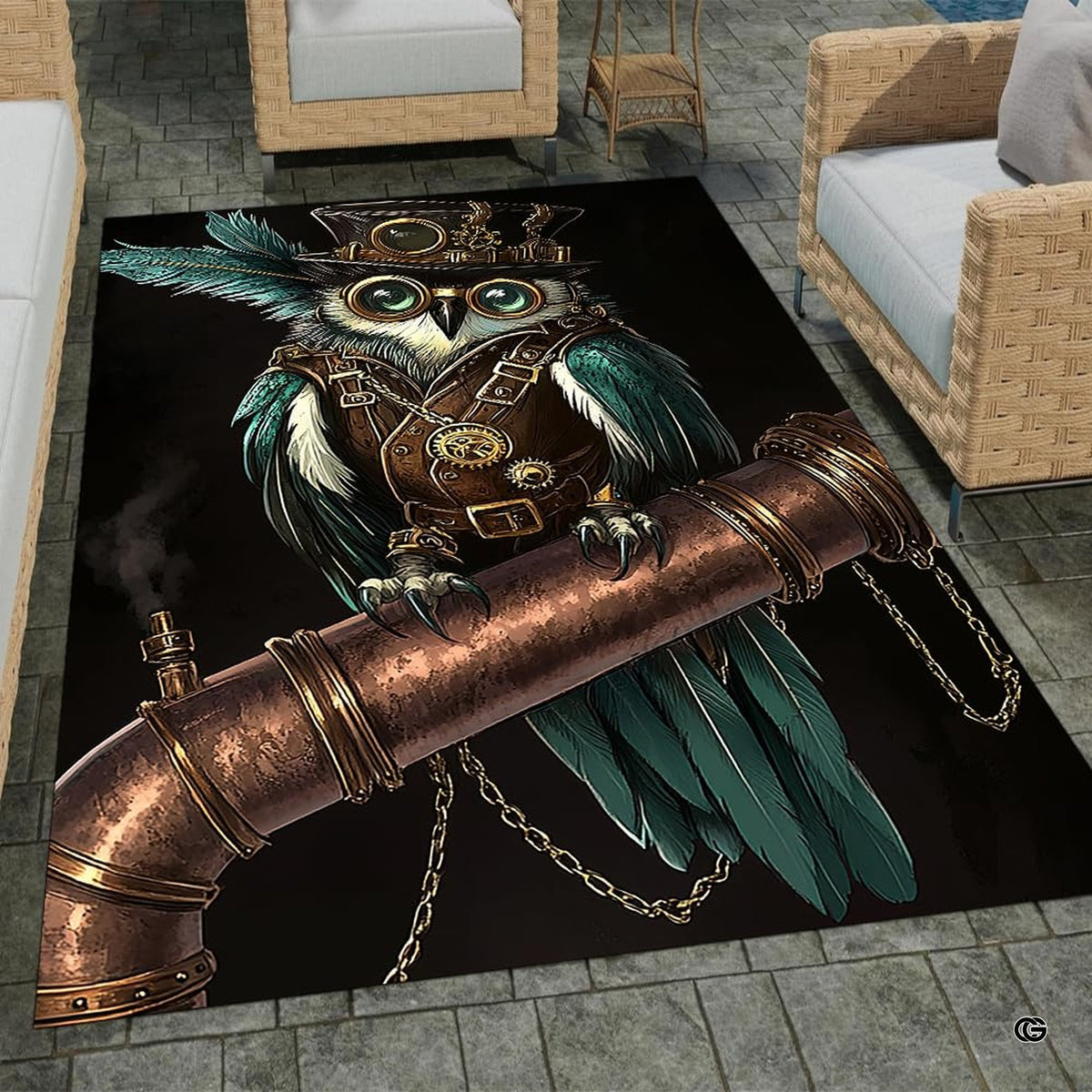 Steampunk area rug featuring clockwork owl in top hat with gears and goggles on copper pipe. - image 1 of 8
