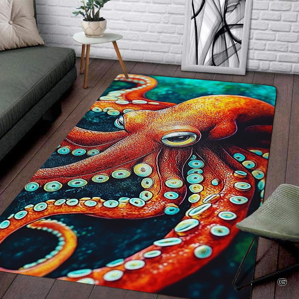 Vivid orange kraken octopus living room area rug with glowing turquoise suction cups