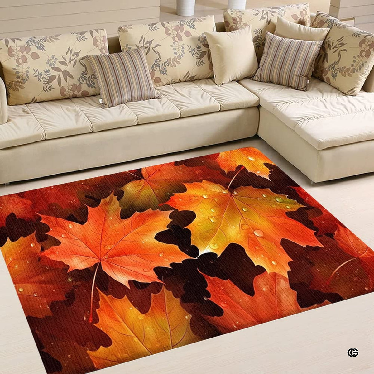 Spacious bedroom mockup featuring the scarlet and amber fall foliage rug
