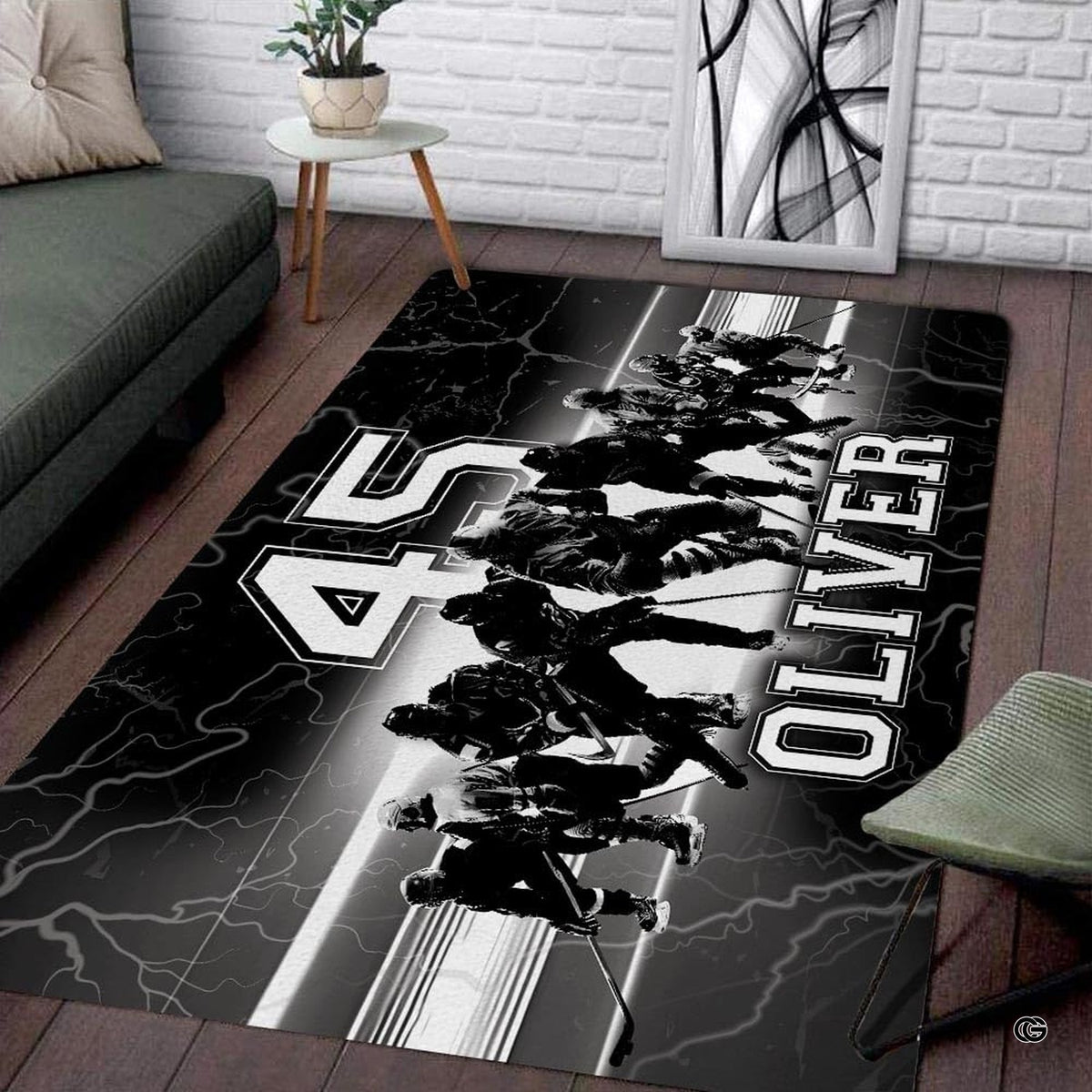 Overhead view of hockey rink rug with bold athletic jersey numbering and crisp monochrome typography.