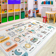 Close-up of daytime routine graphics featuring school books, sandwich, and watering can icons on rug. - thumbnail image 4 of 8