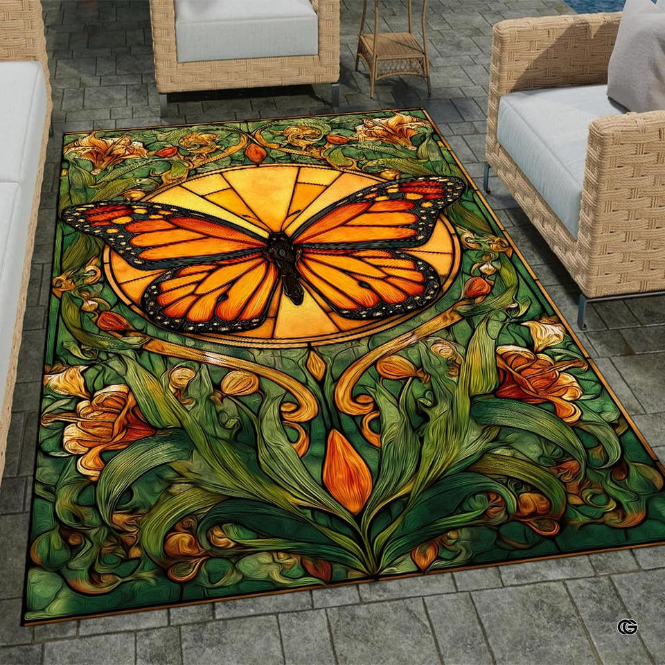 Stained glass monarch butterfly area rug centered in a bright modern sitting room.
