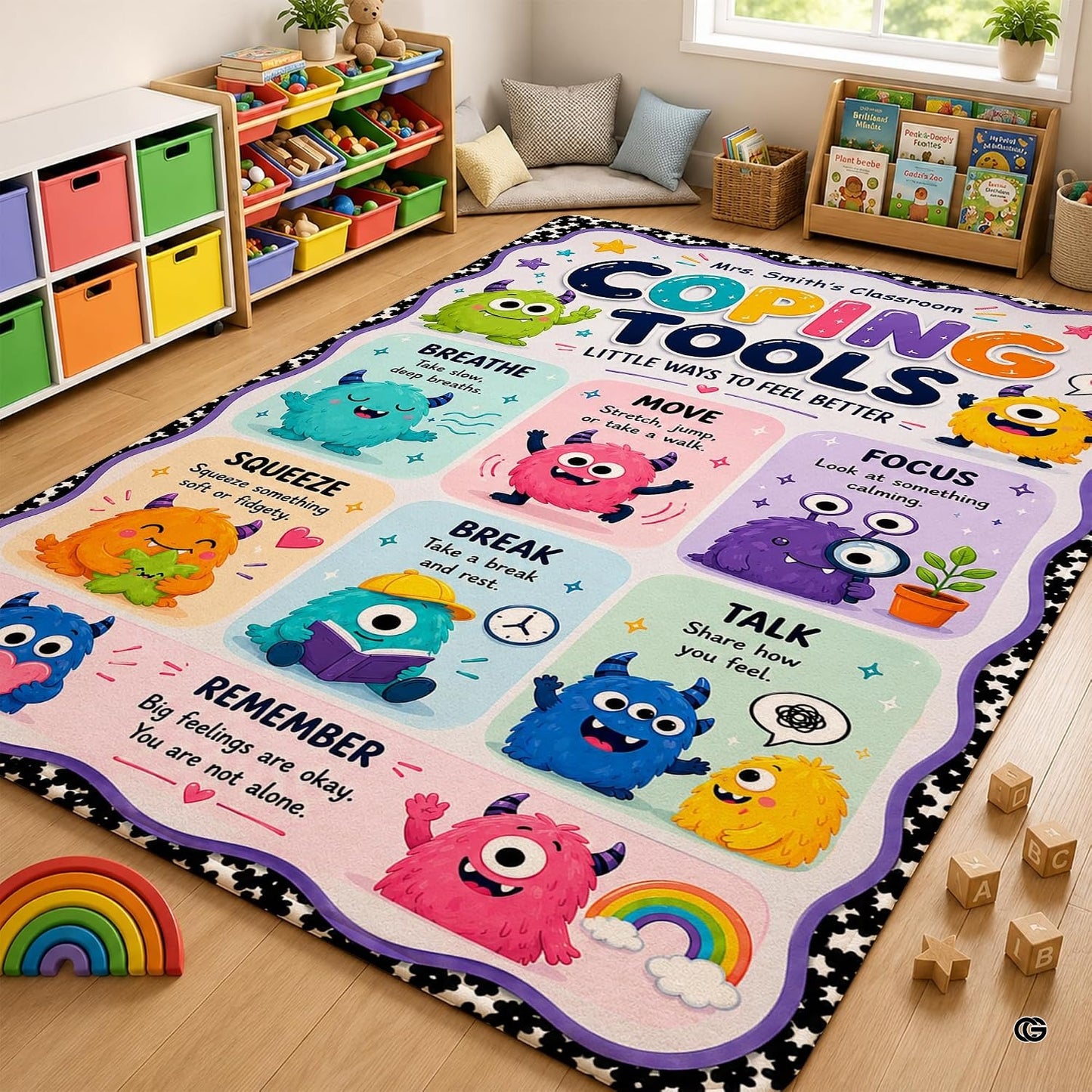 Personalized Teachers Classroom Rug, Custom Teacher Name Classroom Rules Area Rug, Feeling Chart Calming Corner Mat, Kindergarten Educational Back to School Class Decor (D3)